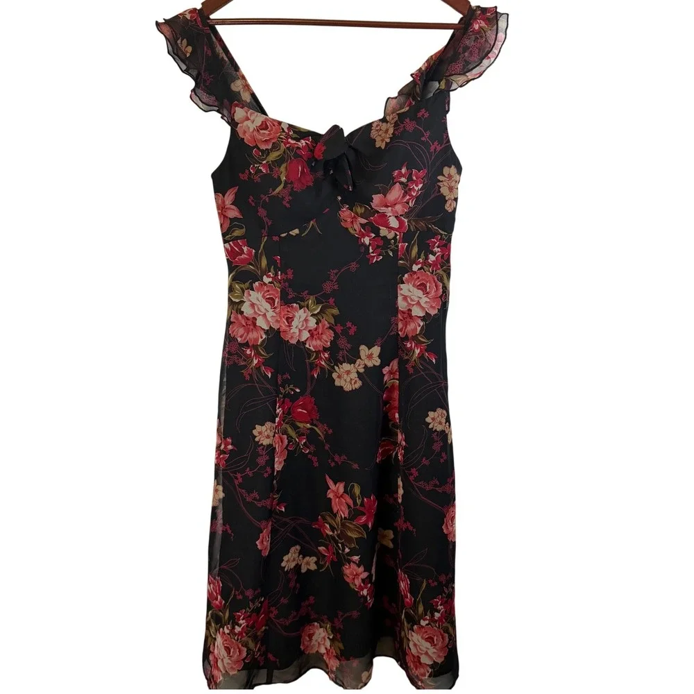 Vintage Madison Leigh Y2K Romantic Black Floral Ruffle Sleeve Midi Dress Size 10 - Picture 2 of 9